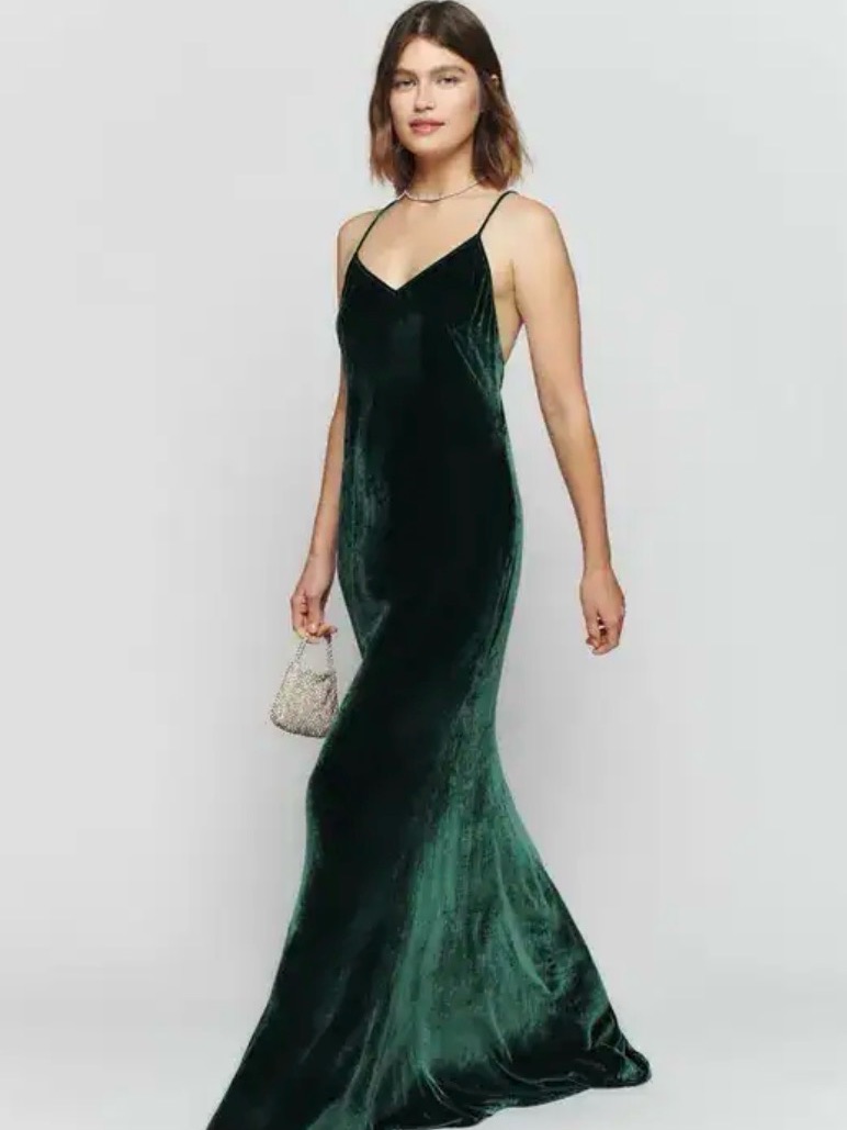 Reformation- Rivini Velvet Dress Forest - L